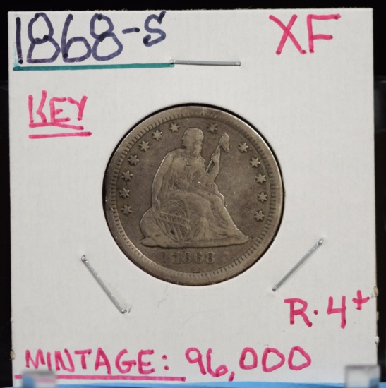 1868-S Seated Quarter XF Key Mintage 96K R4 Plus