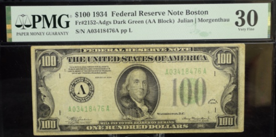 $100 1934 FRSN Boston A03418476 PMG30 VF