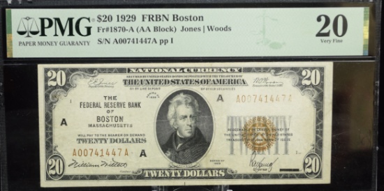 $20 1929 National Currency Boston A00741447 PMG20 VF
