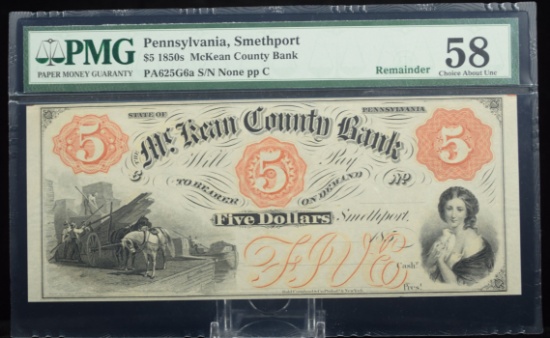 1850 McKean County Bank $5 Smethport PA PMG 58CH/AU