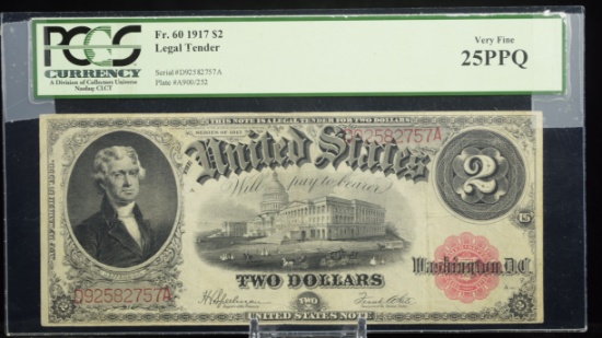 1917 $2 Legal Tender PCGS 25PPQ VF Note Top is open