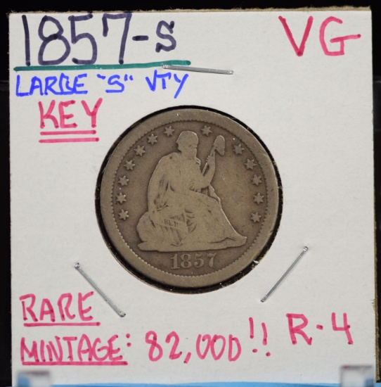 1857-S Seated Quarter VG Rare Key Mint 82K