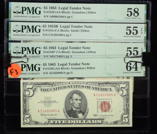 4 $5 Red Seal Legal Tender PMG 64-58 F3