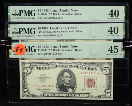 3 $5 Red Seal Legal Tender PMG 45-40 F5