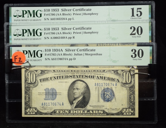3 $10 Blue Seal Silver Certificates PMG 30-15 F2