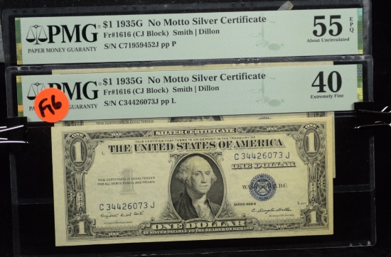 2 $1 1935G NO Motto Silver Certificates PMG55-45 F16