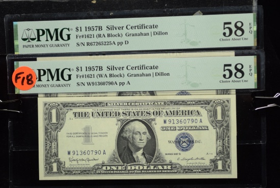 2 $1 1957B Silver Certificates PMG59EPQ CH F18