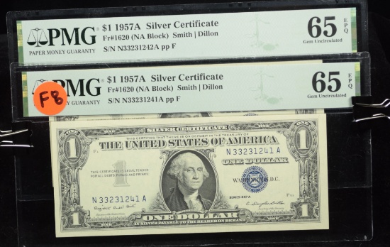 2 $1 Consecutive # Silver Certificates PMG 65 EPQ F8