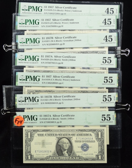 7 $1 1957s Silver Certificates PMG55-45 AU-CH F14