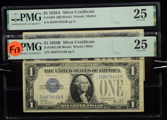 2 $1 1928B Silver Certificates PMG25 Very Fine F13