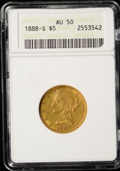 1888-S $5 Gold Liberty ANACS AU-50 Old Holder