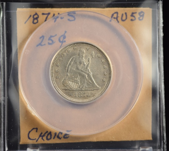 1874-S Seated Liberty Quarter Choice AU58
