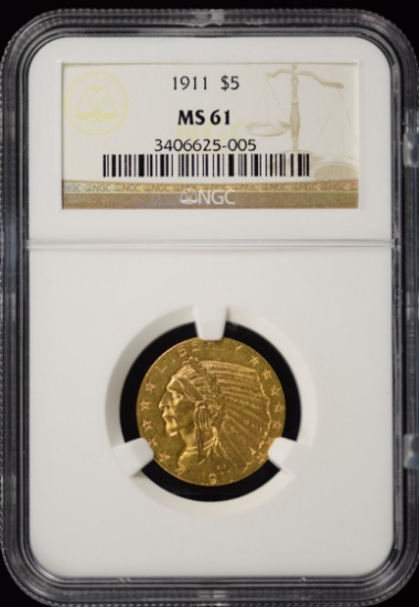 1911 $5 Gold Indian NGC MS-61