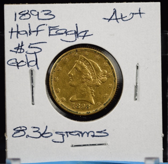 1893 $5 Gold Liberty AU Plus 8.36 grams