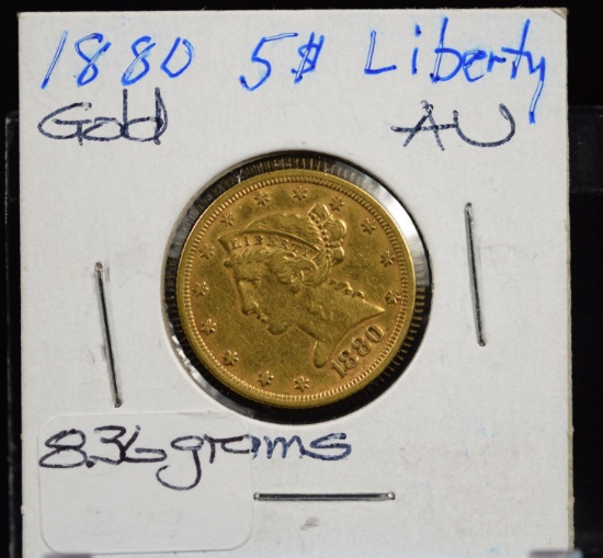 1880 $5 Gold Liberty AU 8.36 grams