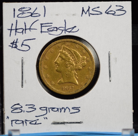 1861 $5 Gold Liberty MS63 8.36 grams Rare