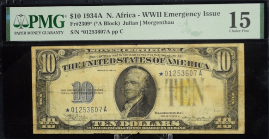 1934A $10 Silver Certificate N. Africa WWII PMG 15