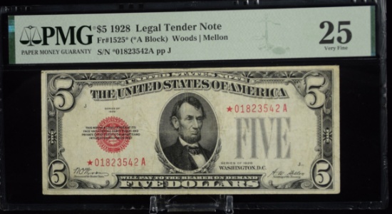 1928 Star $5 Red Seal Legal Tender Note PMG 25 VF