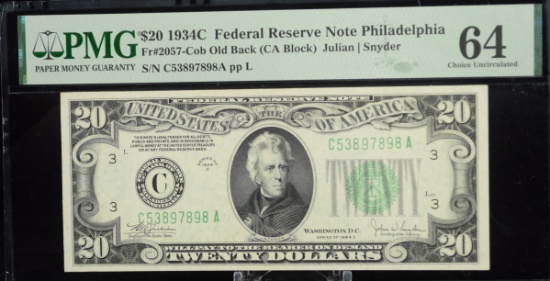 1934C $20 Federal Reserve Note Philadelphia PMG 64