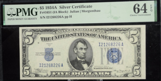 1934A $5 Blue Seal Silver Certificate PMG 64 EPQ