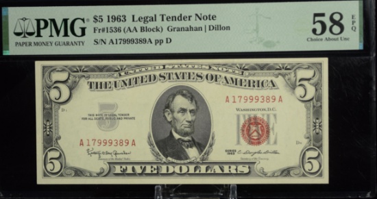 1963 $5 Red Seal Legal Tender Note PMG 58 EPQ