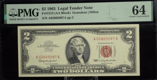 1963 $2 Red Seal Legal Tender Note PMG 64 CH/UNC