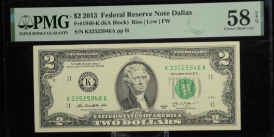 2013 $1 Federal Reserve Note Dallas PMG 58EPQ