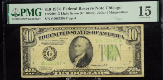 1934 Star $10 Federal Reserve Note Chicago PMG 15