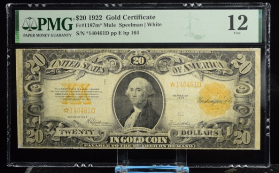 1922 $20 Gold Certificate PMG 12 Fine 1187m* Mule
