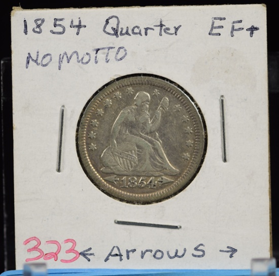 1854 Seated Quarter w/Arrows No Motto XF Plus