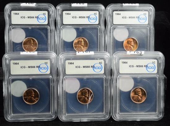1964 6-Red Lincoln Cents ICG MS-66 Red 6 Coins
