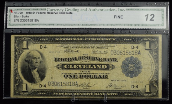 1918 $1 Federal Reserve Note Cleveland CGA 12 F