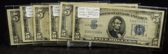1934 & 53 6 $5 Blue Seal US Notes