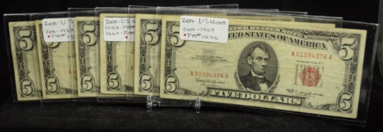 1963 & 53  6 $5 Red Seal US Notes