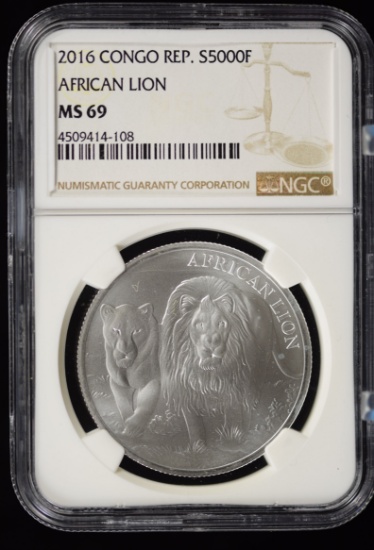 2016 Congo Rep S5000F African Lion NGC MS-69