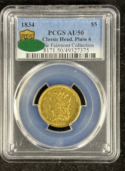 1834 $5 Gold Classic Head Plain 4 CAC PCGS AU-50