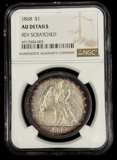 1868 Seated Dollar NGC AU Details Rev Scratched RARE