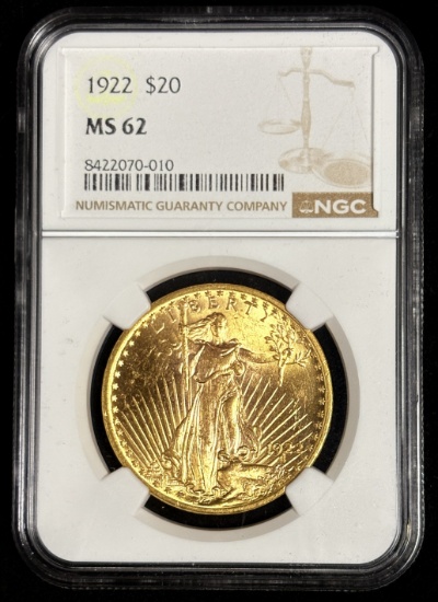 1922 $20 St Gaudens NGC MS-62