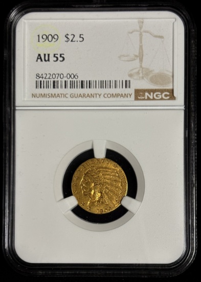 1909 $2.5 Gold Indian NGC AU-55