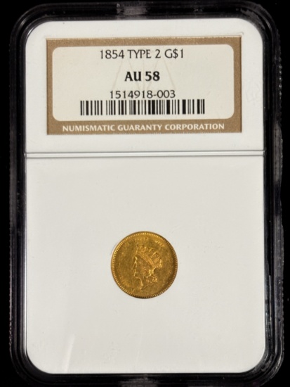 1854 Type 2 $1 Gold Liberty NGC AU-58 Looks UNC