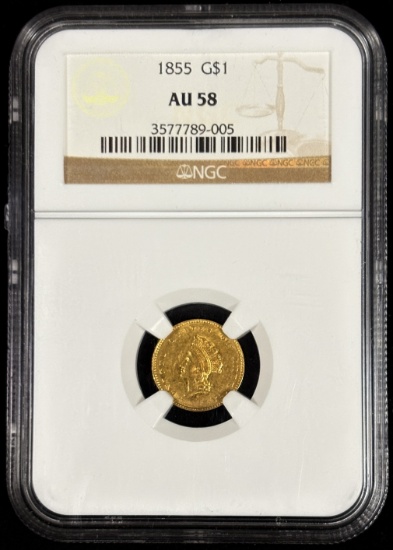 1855 Type 2 $1 Gold Liberty NGC AU-58 Looks UNC