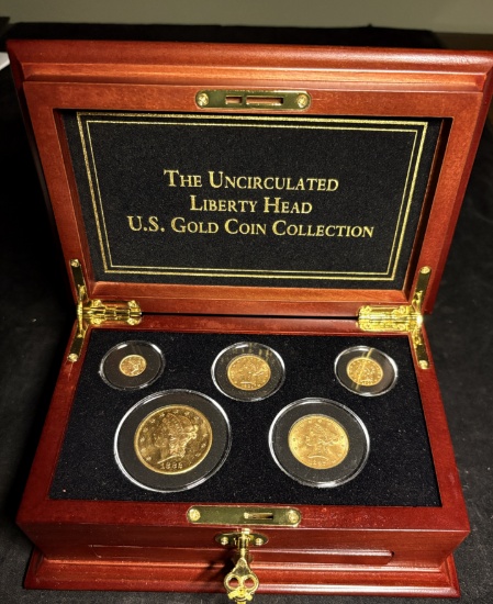 Box of US Gold Liberty Heads $1-52 $2.5-02 $5-01 $10-97 $20-82-S Nice