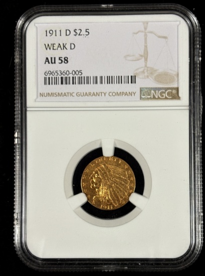 1911-D $2.5 Gold Indian NGC AU-58 weak D Rare