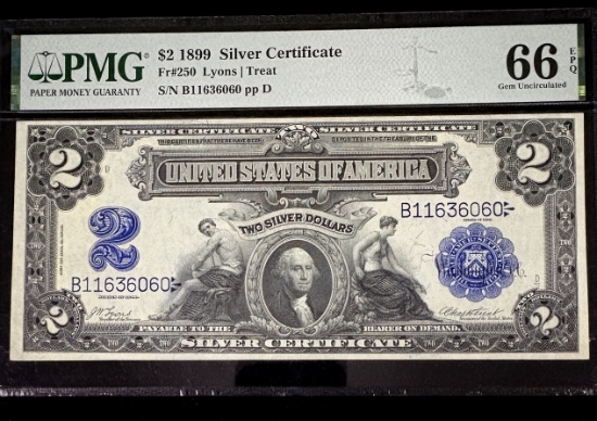 1899 $2 Silver Certificate Mini Porthole PMG 66EPQ GEM UNC