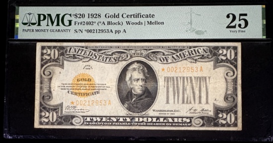 1928 $20 Gold Certificate FR2402* STAR Note PMG25 VF