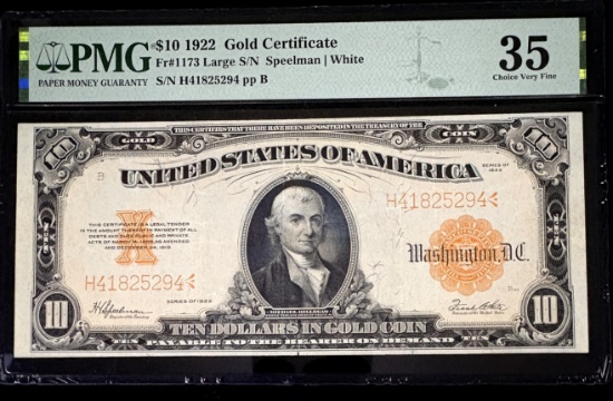 1922 $10 Gold Certificate Large SN PMG35 CH/VF