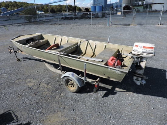 Traveler Flat Bottom Boat with Trailer & Johnson Outboard