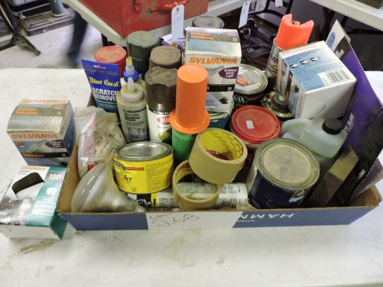 Misc. Lot of: Paints, Adhesive, Sand Paper, Light Bulbs
