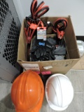 Lot of: Many Pairs of Work Gloves, Hard Hats and 2 Pair of Jumper Cables