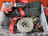 Lot of 3 Climbing Harnesses and 2 Large Ratchet Straps